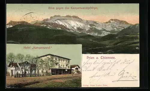 AK Prien a. Chiemsee, Hotel Kampenwand, Blick gegen das Kampenwandgebirge