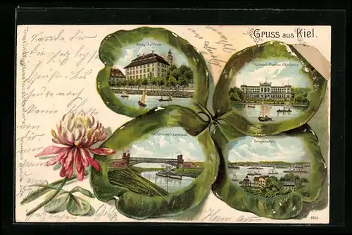 Lithographie Kiel, Königl. Schloss, Kaiserl. Marine-Akademie, Kriegshafen