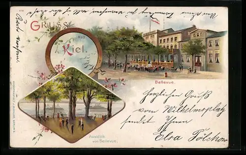 Lithographie Kiel, Bellevue mit Gästen, Ausblick v. Bellevue