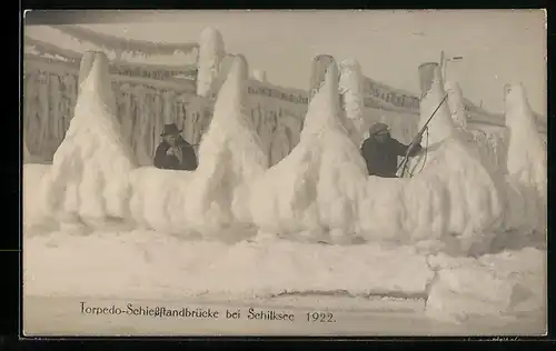 AK Kiel-Schilksee, Schneebedeckte Anlegebrücke 1922, mit Schiessscharten