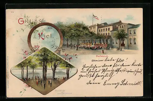 Lithographie Kiel, Bellevue mit Gästen, Ausblick v. Bellevue