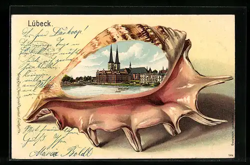 Passepartout-Lithographie Lübeck, Ortsansicht in einer Muschel