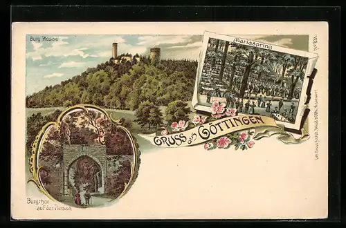 Lithographie Göttingen, Mariaspring, Burgtor auf der Plesse, Burg Plesse