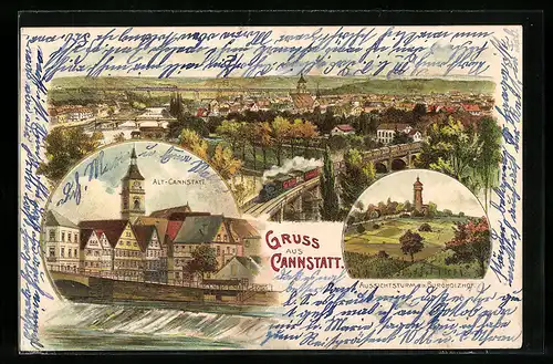 Lithographie Cannstatt, Ortsansicht mit Dampfzug, Aussichtsturm a. d. Burgholzhof