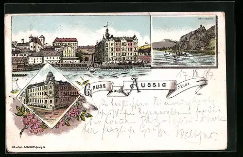 Lithographie Aussig /Elbe, Mädchenschule, Schreckenstein, Elb-Dampfer