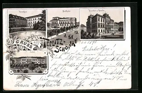 Lithographie Teplitz-Schönau, Neubad, Kaiserbad und Kursalon, Stadttheater