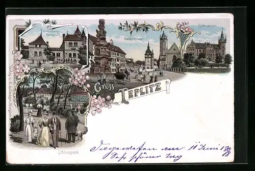 Lithographie Teplitz, Schlossberg-Restaurant, Gymnasium