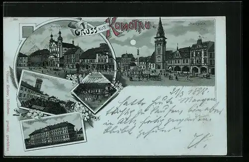 Mondschein-Lithographie Komotau, Bräuhaus-Restaurant, Gymnasium, Landwehrkaserne