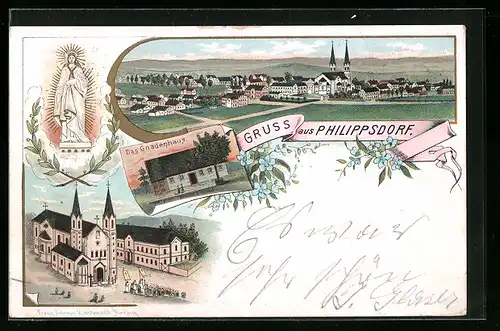 Lithographie Phililppsdorf, Gnadenhaus, Ortsansicht, Kirche