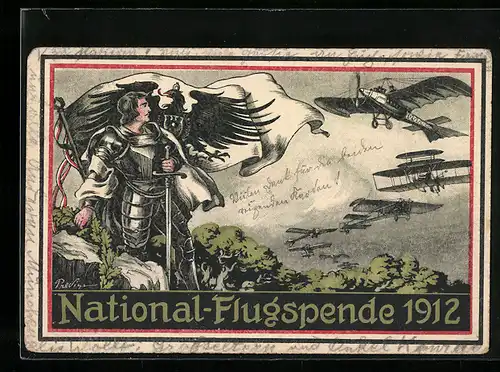 Künstler-AK Ritter mit Fahne betrachtet Flugzeuge in der Luft, National-Flugspende 1912