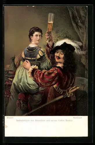 Künstler-AK Selbstbildnis von Rembrandt mit seiner Gattin Saskia