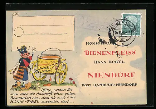 AK Nierendorf, Honighaus Bienenfleiss, Hans Kogel, Biene mit Honigglas auf einem Karren