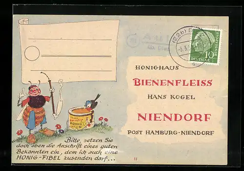 AK Hamburg-Niendorf, Imkerei Bienenfleiss von Hans Kogel, Biene raucht Pfeife, Bestellkarte