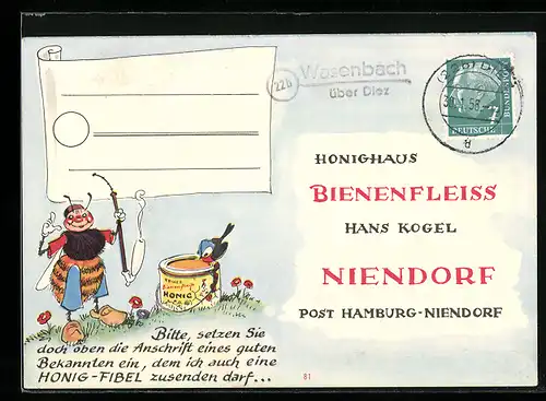AK Hamburg-Niendorf, Imkerei Bienenfleiss von Hans Kogel, Biene mit Pfeife, Bestellkarte