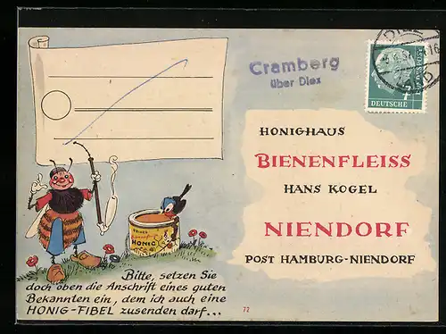 AK Hamburg-Niendorf, Imkerei Bienenfleiss von Hans Kogel, Biene raucht Pfeife, Bestellkarte