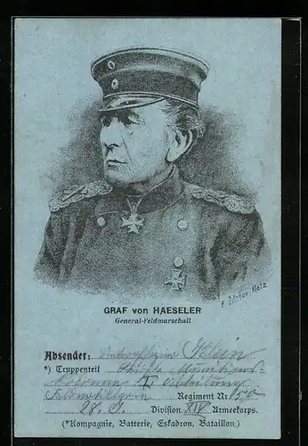Künstler-AK Heerführer Graf von Haeseler in Uniform, General-Feldmarschall