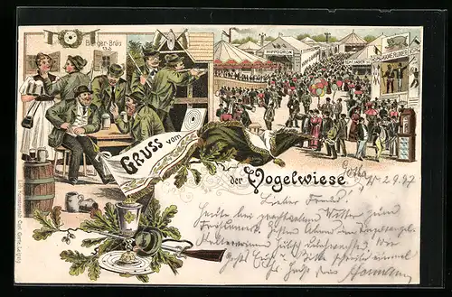 Lithographie Dresdener Vogelwiese, Hippodrom, Volksfest