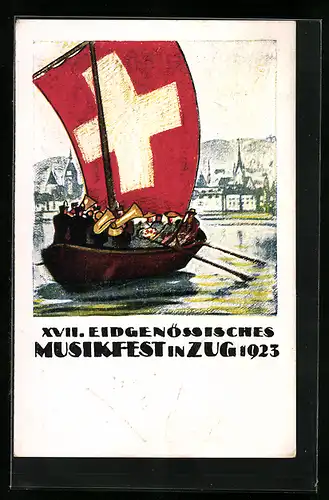 Künstler-AK Zug, XVII. Eidgenössisches Musikfest 1923, Kapelle auf einem Boot