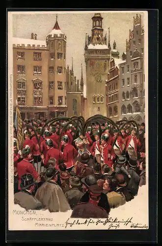 Künstler-Lithographie Paul Hey: München, Schäfflertanz auf Marienplatz