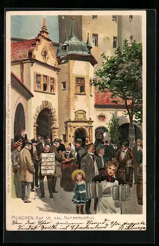 Künstler-Lithographie Paul Hey: München, Innenhof im Kgl. Hofbräuhaus