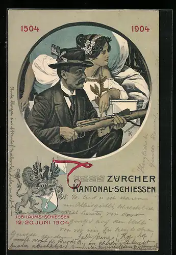 Künstler-AK Zürich, Kantonal-Schiessen 1904, Schütze mit Siegesgöttin an seiner Seite, Wappen