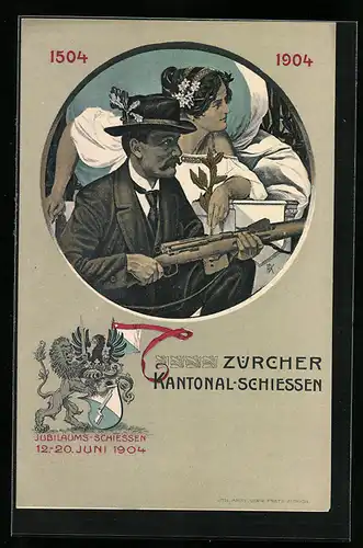 Künstler-AK Zürich, Kantonal-Schiessen 1904, Schütze mit Siegesgöttin an seiner Seite, Wappen
