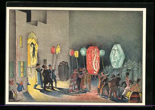 AK Basel, Sängerfest 1935, Szene aus dem Festspiel Mutterland, Nächtlicher Aufzug