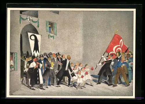 Künstler-AK Dr. Karl Weber: Basel, XXV. Eidgen. Sängerfest 1935, Mutterland, Festumzug
