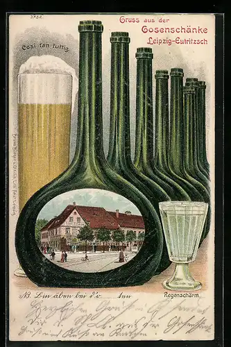 Lithographie Leipzig-Eutritzsch, Gasthaus Gosenschänke im Weinflaschen-Passepartout, Regenschärm
