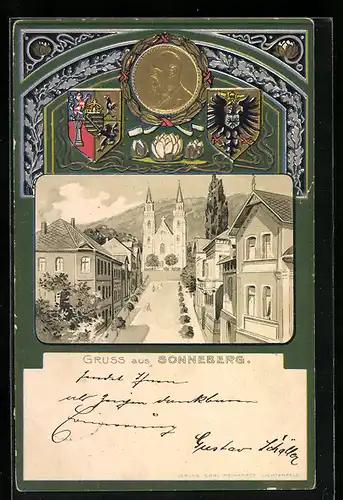 Passepartout-Lithographie Sonneberg, Strassenpartie und Wappen