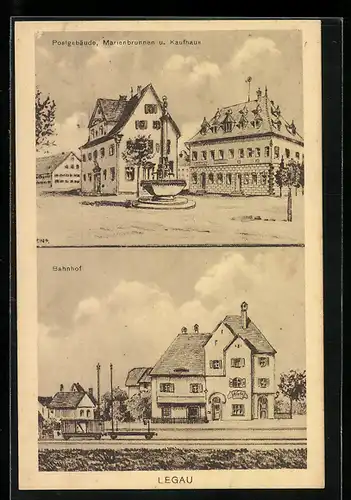 AK Legau, Bahnhof, Postgebäude mit Marienbrunnen und Kaufhaus