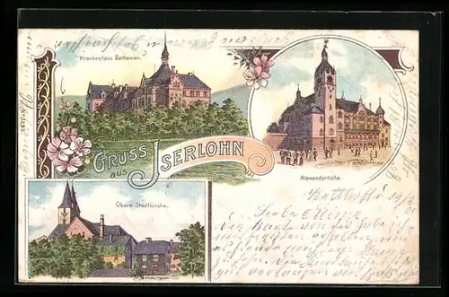 Lithographie Iserlohn, Krankenhaus Bethanien, Alexanderhöhe, Obere Stadtkirche