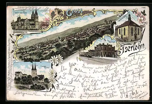 Lithographie Iserlohn, Kath. Kirche, Evang. Kirche, Westbahnhof