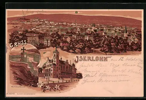 Lithographie Iserlohn, Alexanderhöhe, Eisernes Kreuz, Ortsansicht