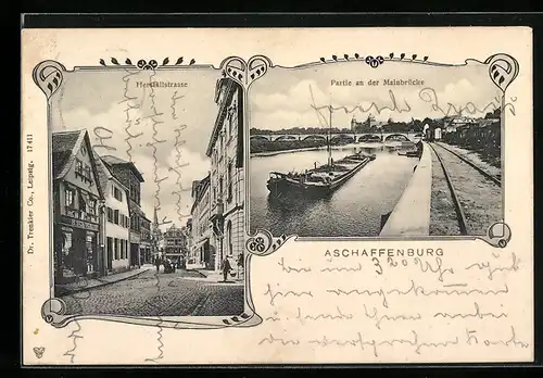 AK Aschaffenburg, Herstallstrasse, Partie an der Mainbrücke