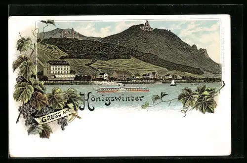 Lithographie Königswinter, Ortstotale mit Ausflugsdampfer, Blick zum Schloss