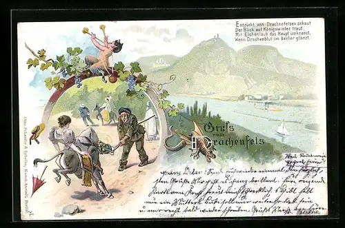 Lithographie Königswinter, Blick vom Drachenfelsen ins Tal, Frau auf einem Esel
