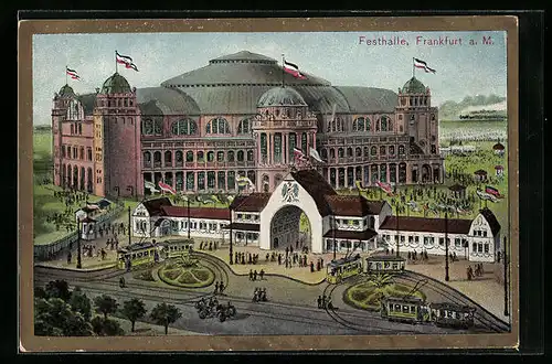 Lithographie Frankfurt-Westend, Strassenbahnen vor der Festhalle