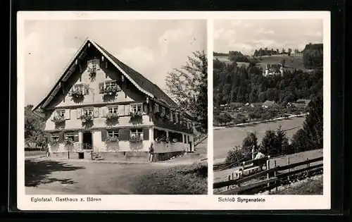 AK Eglofstal, vor dem Gasthaus z. Bären, Blick auf das Schloss Syrgenstein