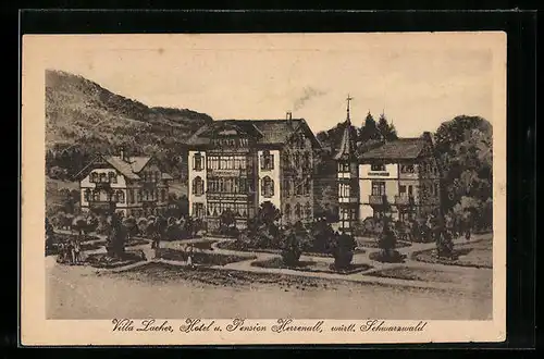 Künstler-AK Bad Herrenalb im württ. Schwarzwald, Villa Lacher und das Hotel Restaurant Herrenalb