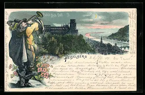 Lithographie Heidelberg, die Schlossruine über der Stadt, Trompeter mit Stadtblick