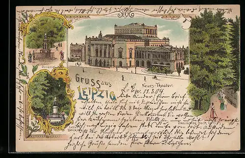 Lithographie Leipzig, Blick auf das Neue Theater