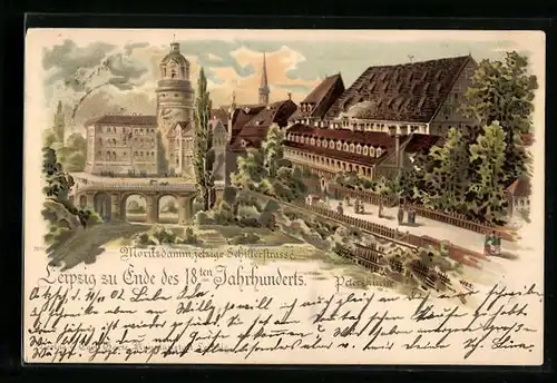 Lithographie Leipzig, Moritzdamm und Peterskirche