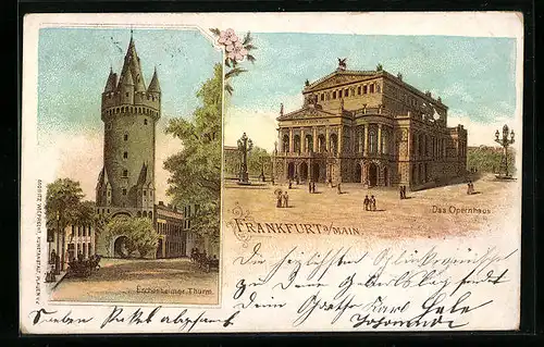 Lithographie Frankfurt am Main, das Opernhaus, der Eschenheimer Turm