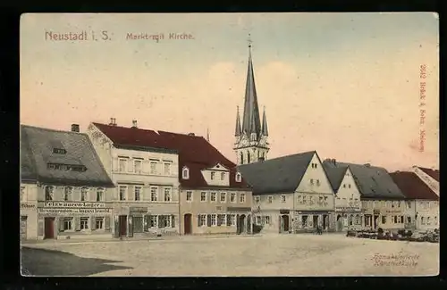 AK Neustadt i. S., die Kirche vom Marktplatz aus gesehen, Restauration Arnold