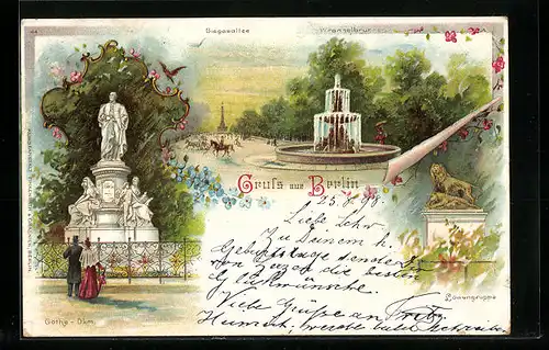 Lithographie Berlin-Tiergarten, Wrangelbrunnen auf der Siegesallee, Göthe Denkmal