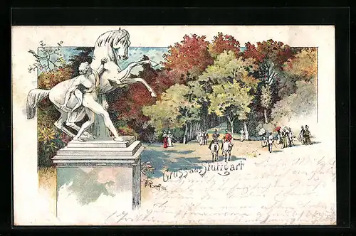 Lithographie Stuttgart, Besucher am Reiterdenkmal im Park