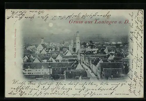 Mondschein-AK Lauingen a. D., Generalansicht der Stadt