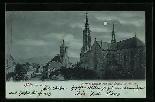 Mondschein-AK Bühl in Baden, Kirchenansicht von der Eisenbahnstrasse