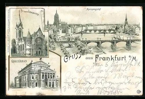 Lithographie Frankfurt a. M., Mainansicht mit Stadt und Mainbrücken, die neue Peterskirche, das Opernhaus